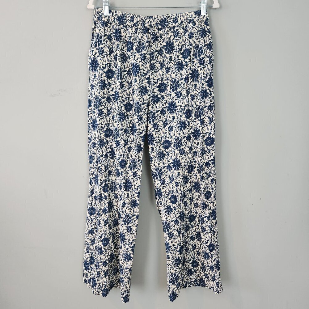 Blue White Floral Cotton Palazzo Pants, Md. Cottage Fairy Boho Feminine Coastal